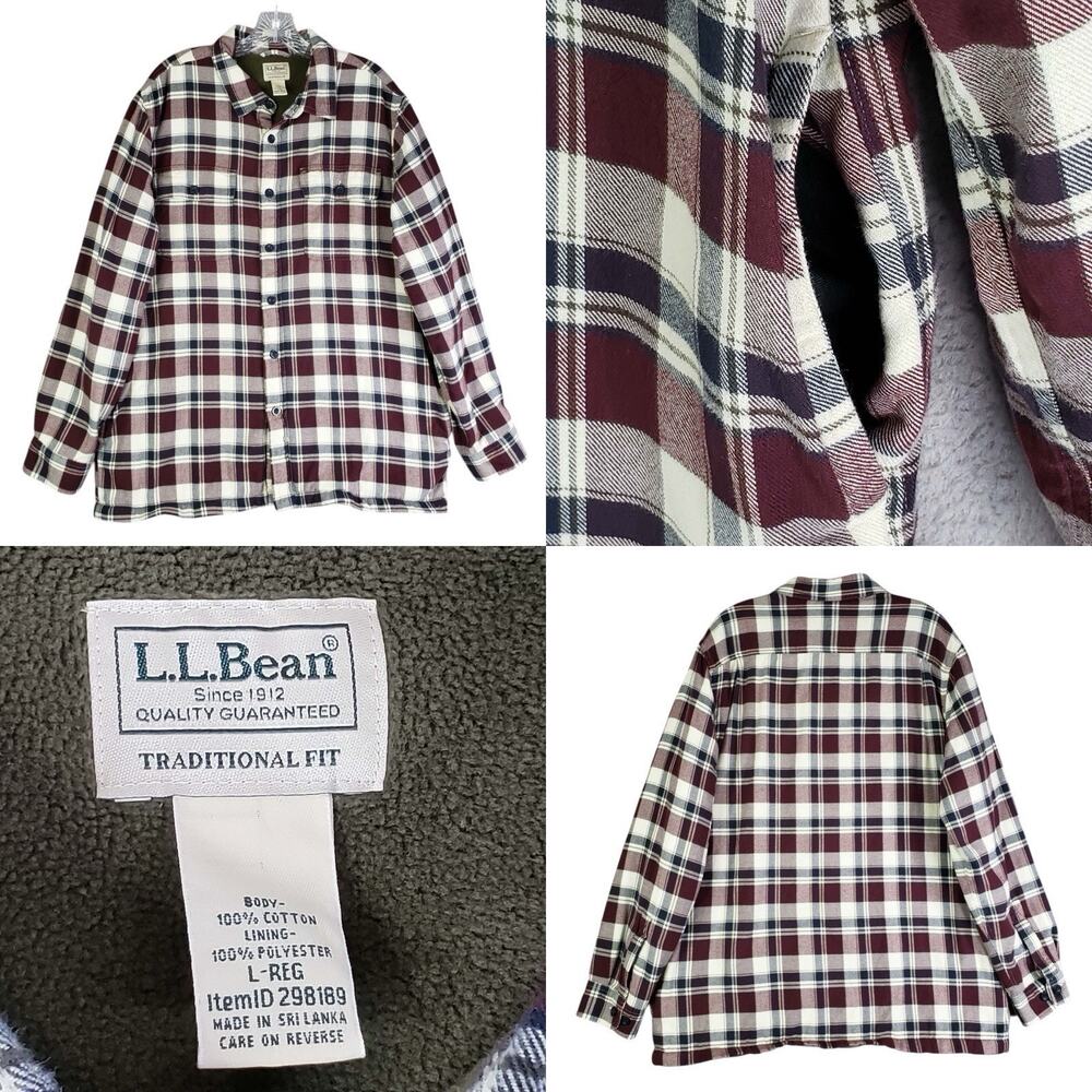 LL Bean Shirt Mens Flannel LS Button Up Size Large Plaid Shacket Fleece Lined